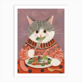 Cute Grey Cat Eating Salad Folk Illustration 4 Art Print