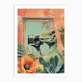 Retro Collage Dinosaur Taking A Photo On An Analogue Camera 1 Art Print