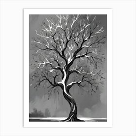 Black And White Illustration Of A Tree With Abstract White Background Art Print