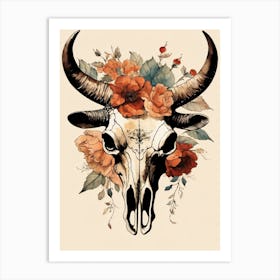 Vintage Boho Bull Skull Flowers Painting (26) Art Print