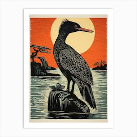 Vintage Bird Linocut Cormorant 2 Art Print