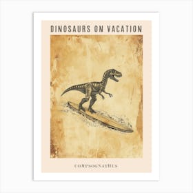 Vintage Compsognathus Dinosaur On A Surf Board 1 Poster Art Print