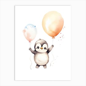 Baby Penguin Flying With Ballons, Watercolour Nursery Art 2 Art Print