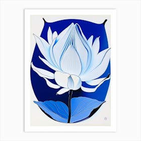 Lotus And Butterfly Symbol Blue And White Line Drawing Art Print