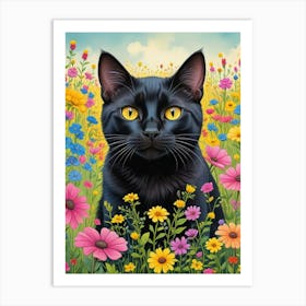 Quirky Cat In A Flower Field Art Print (2) Art Print