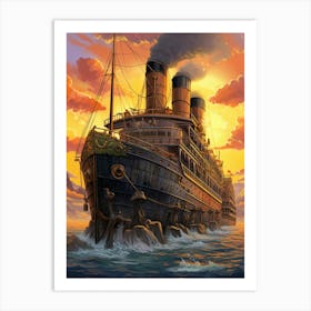 Titanic Ship At Sunset Sea Watercolour 1 Art Print
