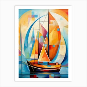 Sailing Boat III, Avant Garde Vibrant Colorful Painting in Cubism Picasso Style Art Print