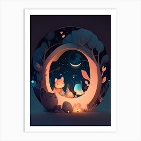 Nighttime Kawaii Kids Space Art Print