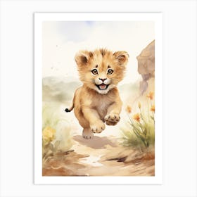 Running Watercolour Lion Art Painting 2 Art Print