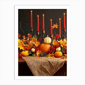 Autumn Harvest Table Centerpiece Overflowing With Gourds And Pumpkins Surrounded By Red And Gold C (5) Art Print