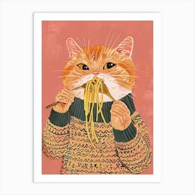 Cute Tan Cat Pasta Lover Folk Illustration 1 Art Print