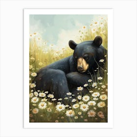 American Black Bear Resting In A Field Of Daisies Storybook Illustration 4 Art Print