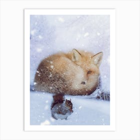 Fox And Squirell In Winter Art Print