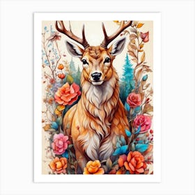 Deer With Roses Art Print