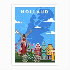 Amsterdam, Netherlands/Holland — Retro travel minimalist poster, retro travel art, retro travel wall art, vector art 4 Art Print