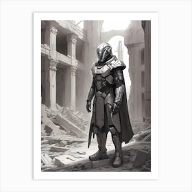 Cyber Priest Standing Amidst The Ruins Art Print