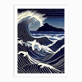 Crashing Waves Landscapes Waterscape Linocut 2 Art Print