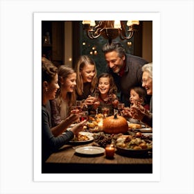 Candid Style Photo Of A Family Gathering Around A Thanksgiving Dinner Table Just Before The Prayer (2) Art Print