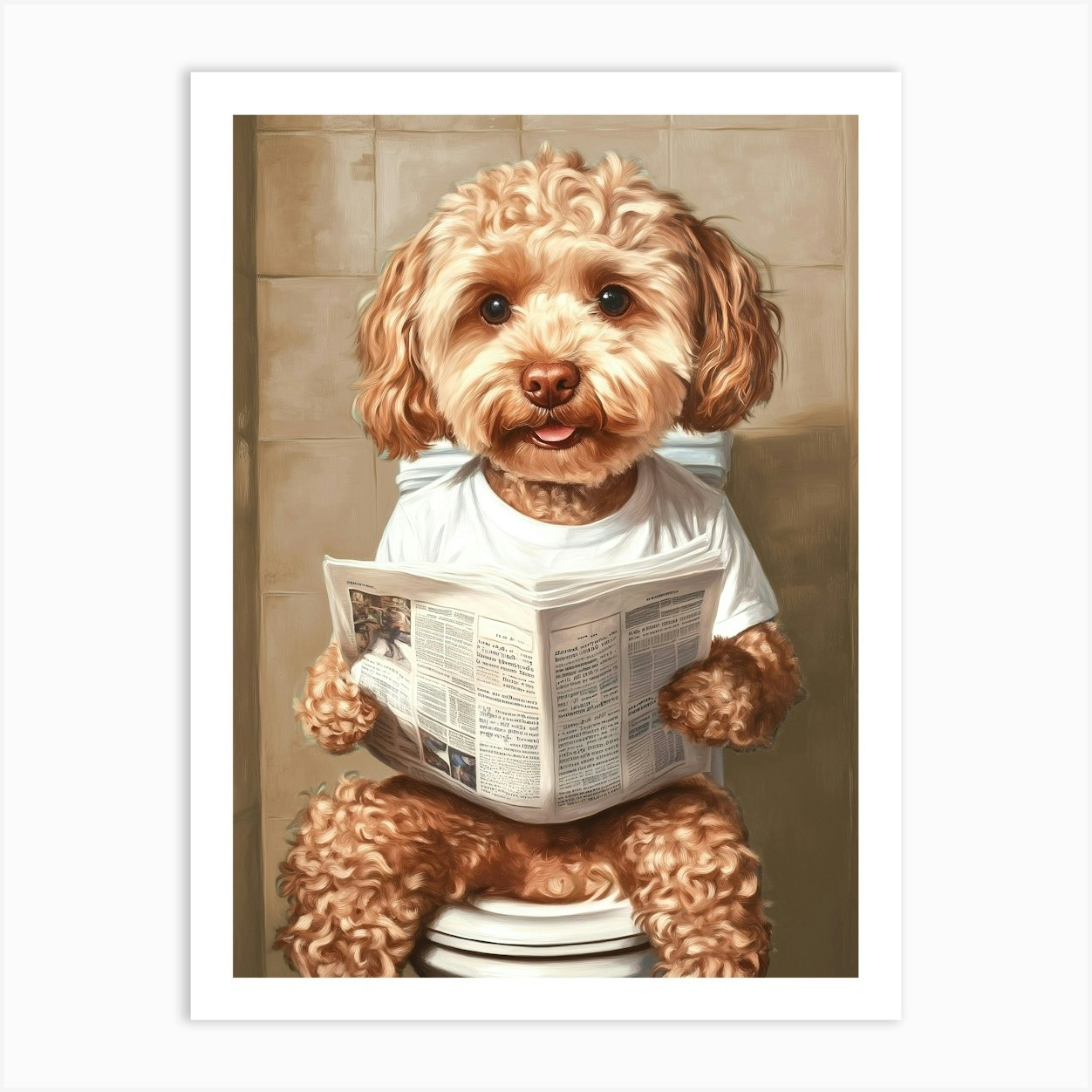 Cavapoo Cockapoo Wearing A T Shirt And Sitting On The Toilet Bathroom Art Print by NordicDesignHouse