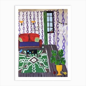 A room with a red sofa and a green carpet Art Print