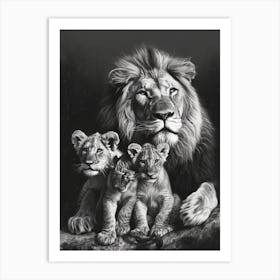 Barbary Lion Charcoal Drawing Family Bonding 4 Art Print