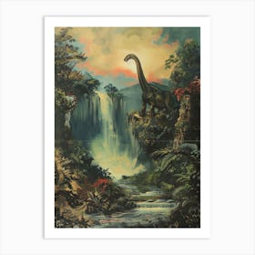 Dinosaur By A Waterfall Painting 3 Art Print