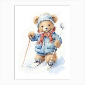Skiing Teddy Bear Painting Watercolour 1 Art Print