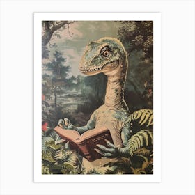 Dinosaur Reading A Book Retro Illustration Art Print