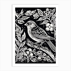 B&W Bird Linocut Finch 2 Art Print