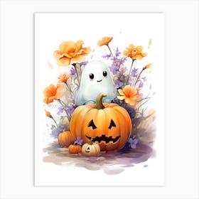Cute Ghost With Pumpkins Halloween Watercolour 11 Art Print