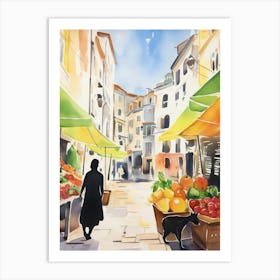 Food Market With Cats In Porto 1 Watercolour Art Print