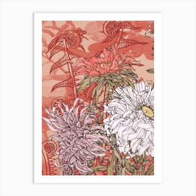 Abstract Botanical Fiddleheads and Dahlias, Coral, Rose and Ivory, Collage No.1262-03 Art Print