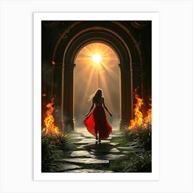 Woman Walking Through A Fire Portal 1 Art Print