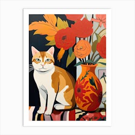Calla Lily Flower Vase And A Cat, A Painting In The Style Of Matisse 3 Art Print