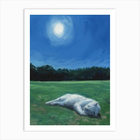 White Cat Sleeping In The Grass Art Print