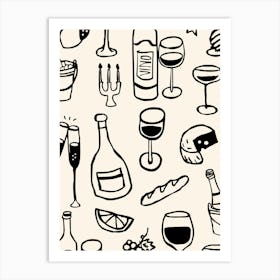 Wine & Cheese Night Hand-Drawn Illustration Print Art Print