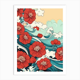 Great Wave With Poppy Flower Drawing In The Style Of Ukiyo E 3 Art Print