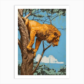 African Lion Relief Illustration Climbing A Tree 3 Art Print