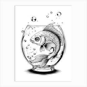 A Vintage Style Illustration Of A Fish Swimming Gracefully In A Bowl, Surrounded By Bubbles Art Print