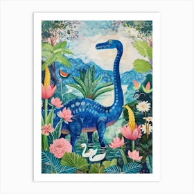Dinosaur With Swans Painting 1 Art Print