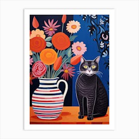 Anemone Flower Vase And A Cat, A Painting In The Style Of Matisse 2 Art Print