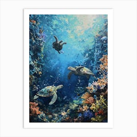 Sea Turtles With A Coral Reef Expressionism Style Painting 1 Art Print