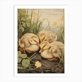 Ducklings Staying Warm Together Japanese Woodblock Style 2 Art Print