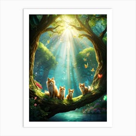 Playful Magical Creatures With Fluffy Fur Cavorting In An Enchanted Forest With Dappled Sunlight Fi Art Print