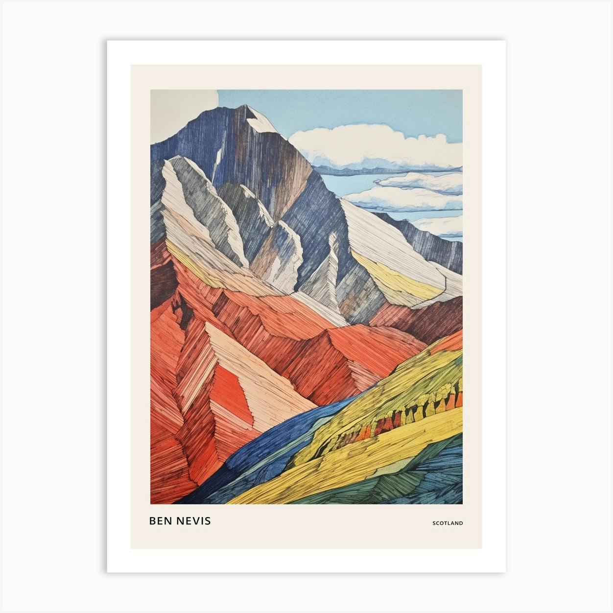 Large Ben Nevis Scotland 2 Colourful Mountain Illustration Poster Art Print - 60x80cm Framed, Oak