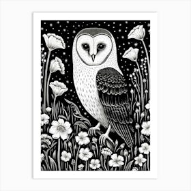 B&W Bird Linocut Barn Owl 1 Art Print