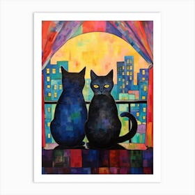 Two Black Cats With A City Scape Background 2 Art Print