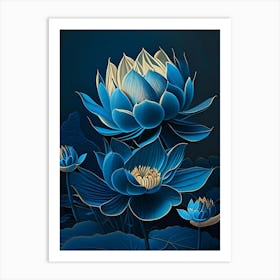 Blue Lotus Retro Illustration 1 Art Print