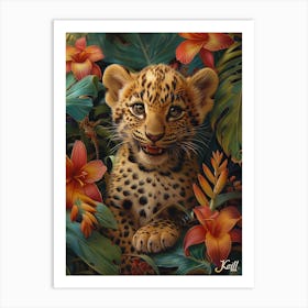 A Happy Front faced Leopard Cub In Tropical Flowers Art Print