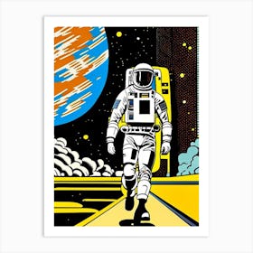 Astronaut Walking Next To Space Station Comic Art Print